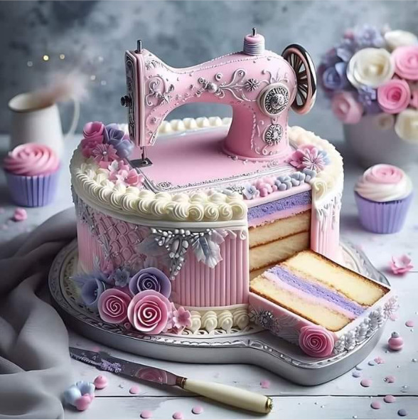Pastel layer cake with a pink sewing machine topper, frosting details, and small cupcakes on a table
