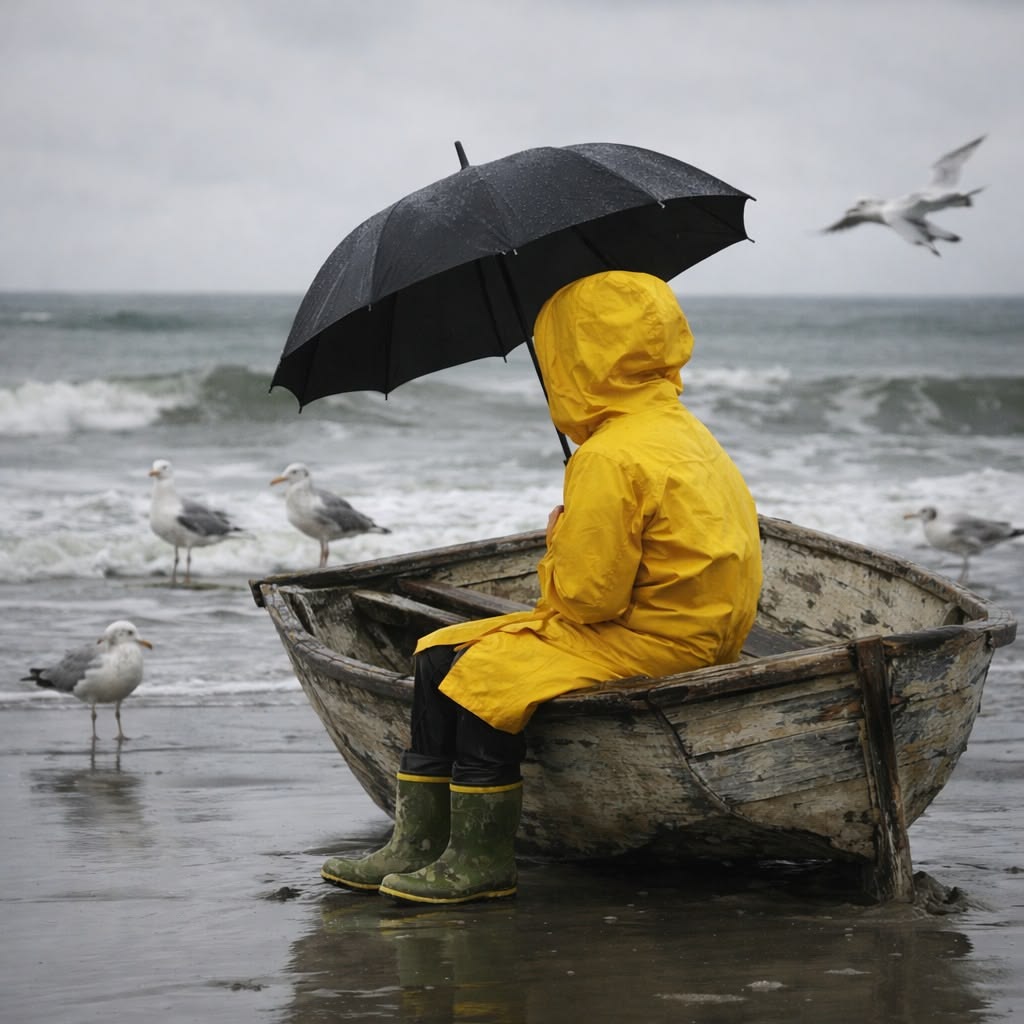 Child in yellow raincoat sitting in weathered wooden boat on beach holding black umbrella with seagulls and ocean
