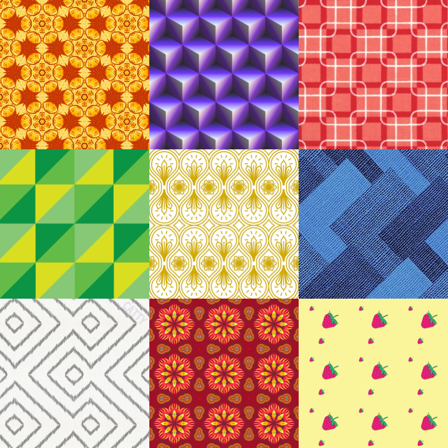 Nine-square patchwork grid showing various colorful patterns: florals, geometric shapes, 3D cubes, hearts, and abstract designs