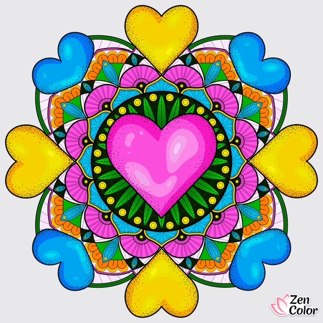 Symmetrical mandala with pink heart center, surrounded by blue and yellow hearts and colorful geometric patterns