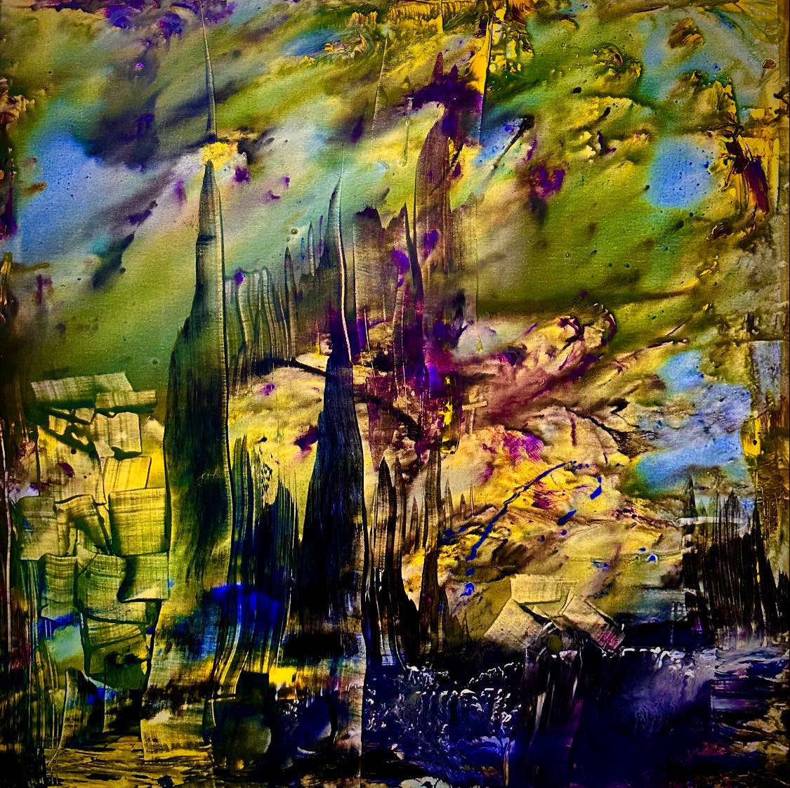 Abstract expressionist painting with vivid dripping colors and layered textures in yellow, green, blue, and purple