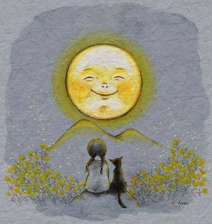 Illustration of a child and black cat sitting among yellow flowers under a smiling moon