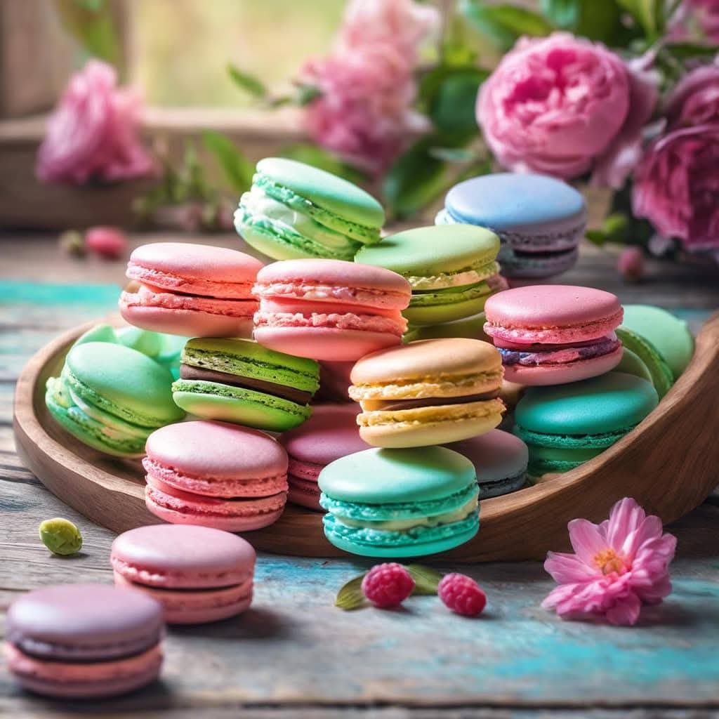 Colorful French macarons stacked on wooden plate with pink roses and flowers in background