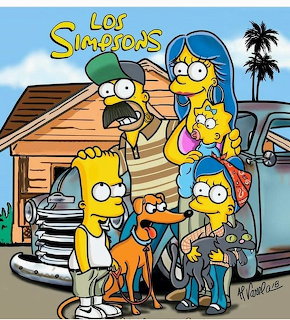 The Simpsons family standing together in front of their house