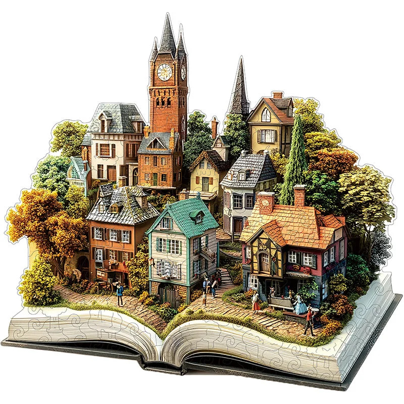 Illustration of a miniature village with houses and a clock tower built on an open book