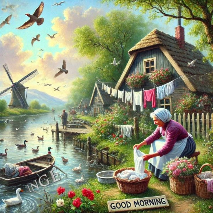 Painting of a woman hanging laundry by a canal cottage with flowers, ducks, and a windmill