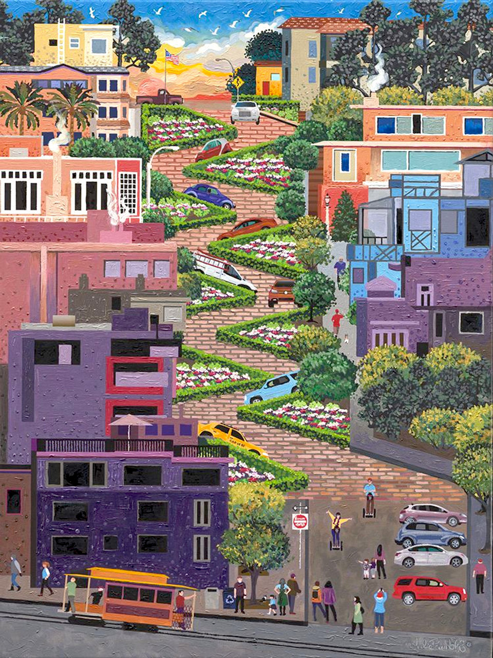 Colorful folk art painting showing the winding curves of Lombard Street in San Francisco with houses and sunset