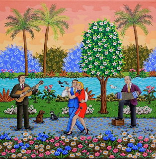 Folk art painting of tango dancers in colorful park with palm trees, flowers, and blue water