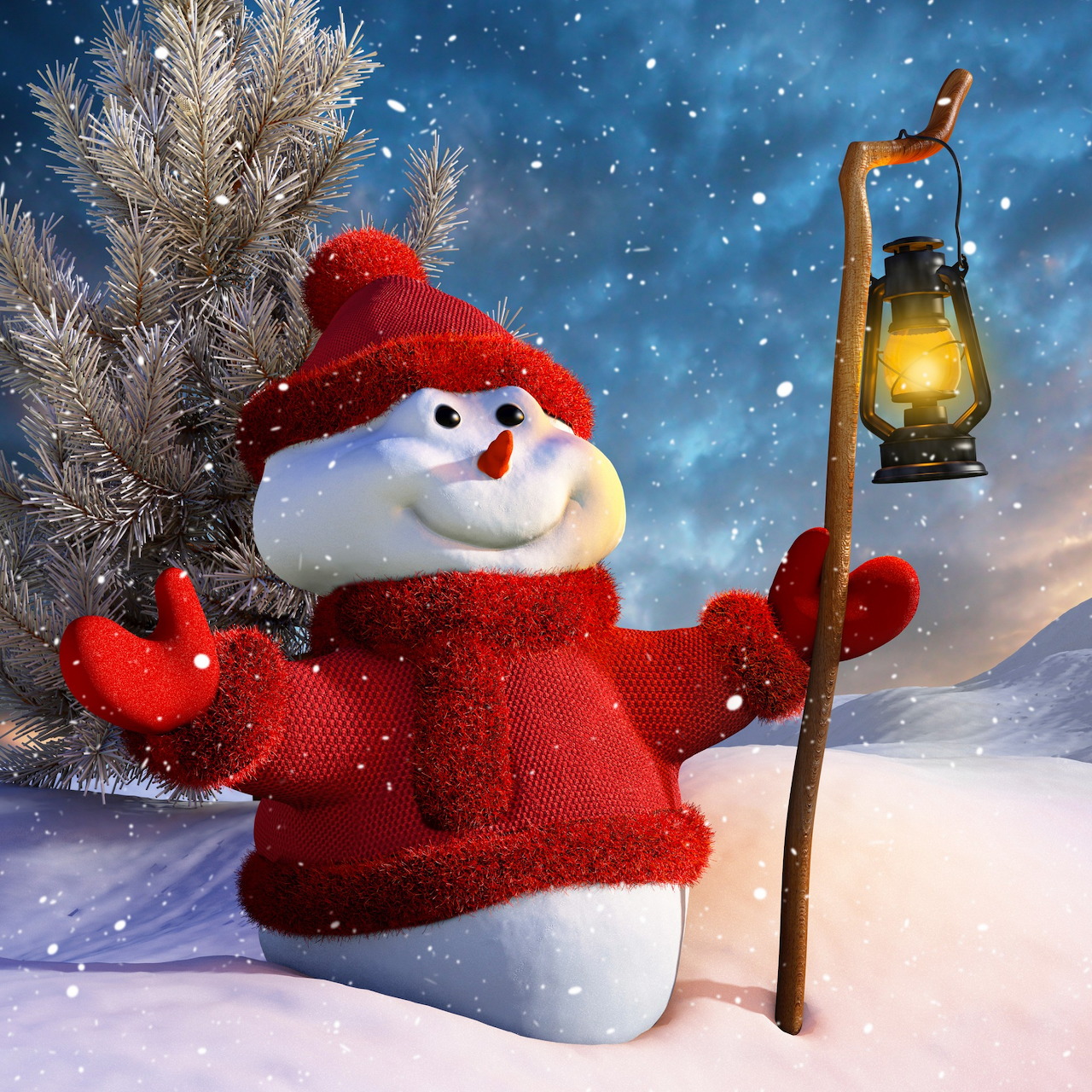 Smiling snowman in red knit hat and scarf holding vintage lantern next to white frosted tree against blue starry sky
