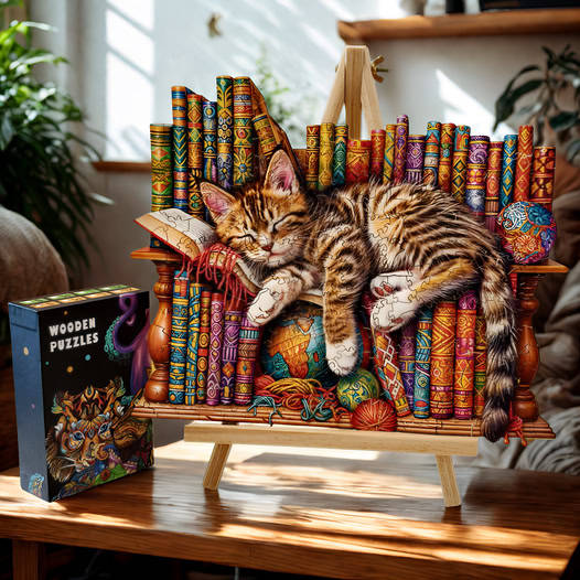 Sleeping tabby cat lying across colorful books on a small bookshelf beside a puzzle box