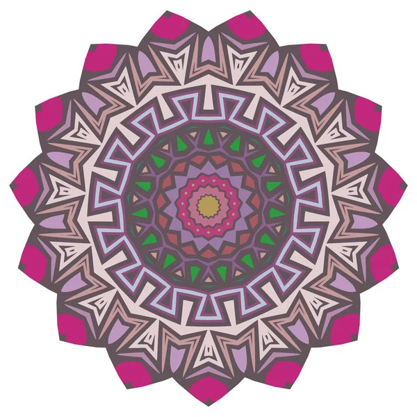 Purple and pink geometric mandala with floral center and radiating petals