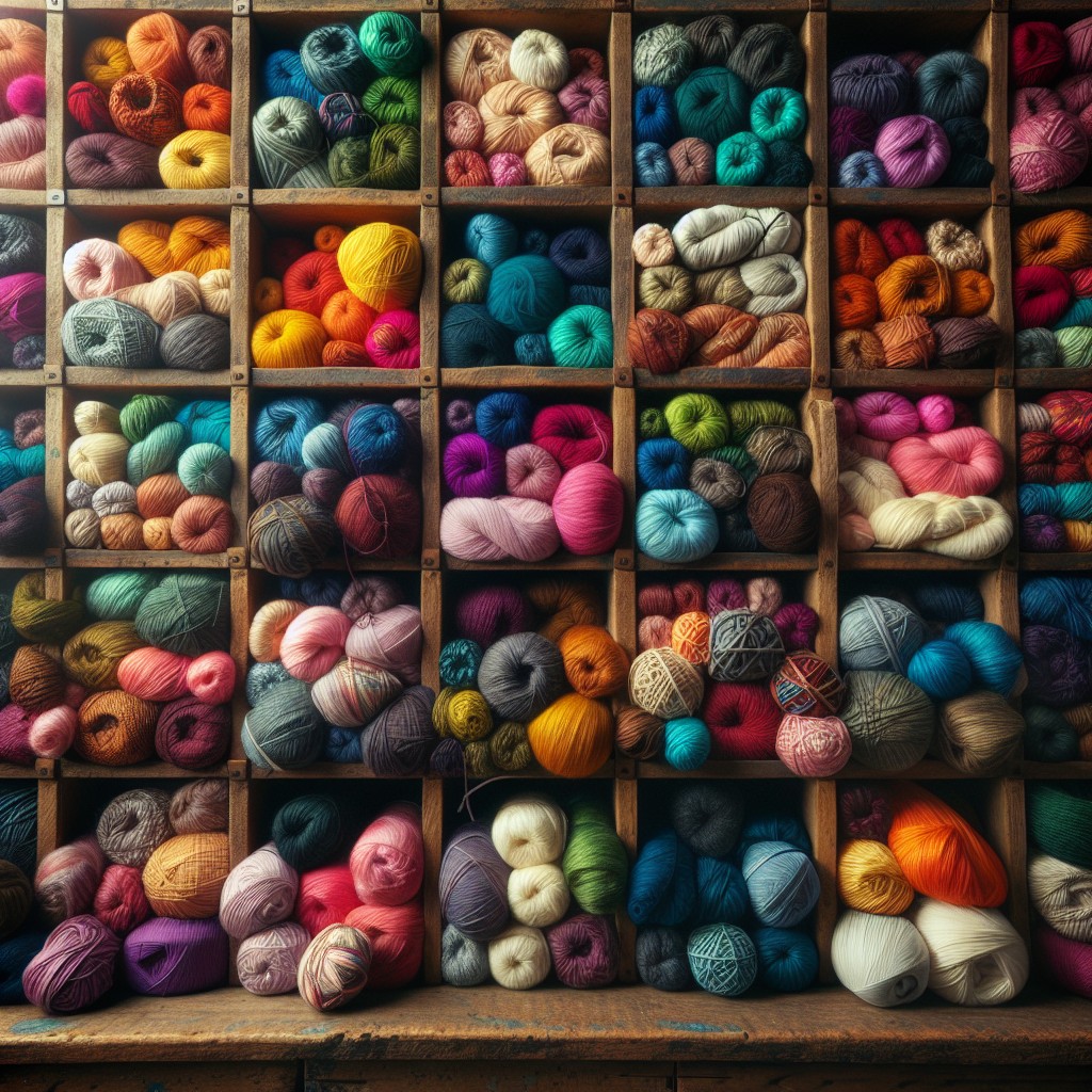 Wooden shelves packed with colorful balls and skeins of yarn