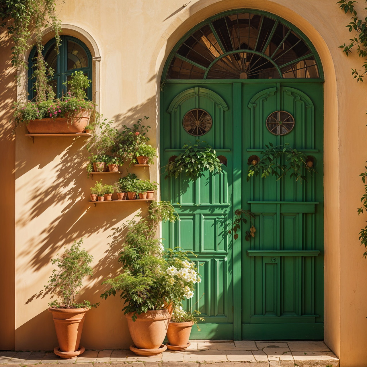 Green Arched Door with Plants