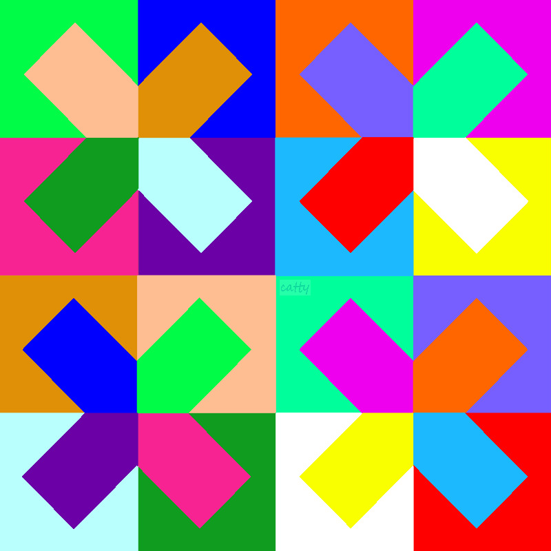 Abstract geometric pattern with colorful tilted squares on vibrant block backgrounds in a 4x4 grid
