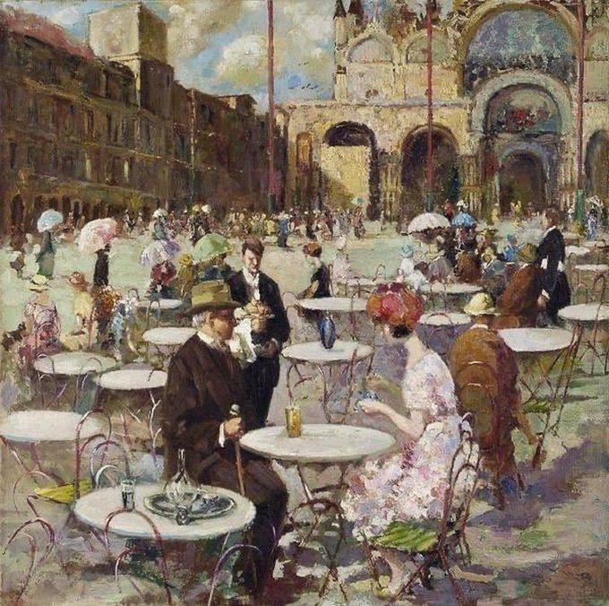 Impressionist painting of cafe tables and people in San Marco Square, Venice