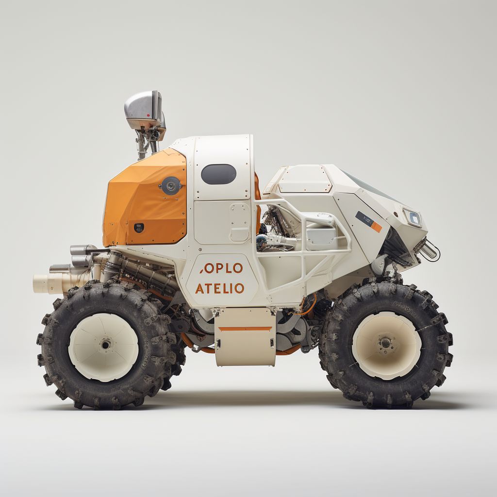 Side view of a white and orange off-road utility vehicle with oversized tires on a plain background