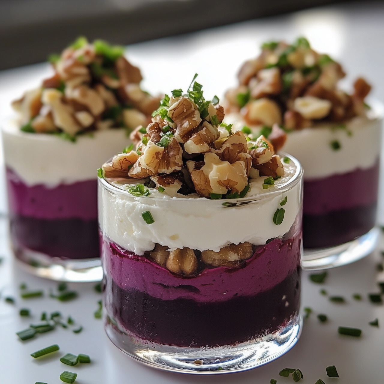Layered beetroot and goat cheese verrines topped with walnuts and herbs in clear glass cups