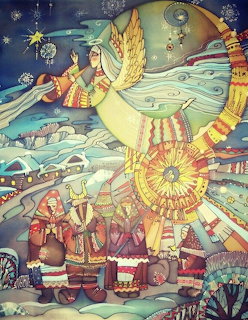 Folk art painting of a golden angel above villagers in traditional clothing with snowy houses and swirling sky