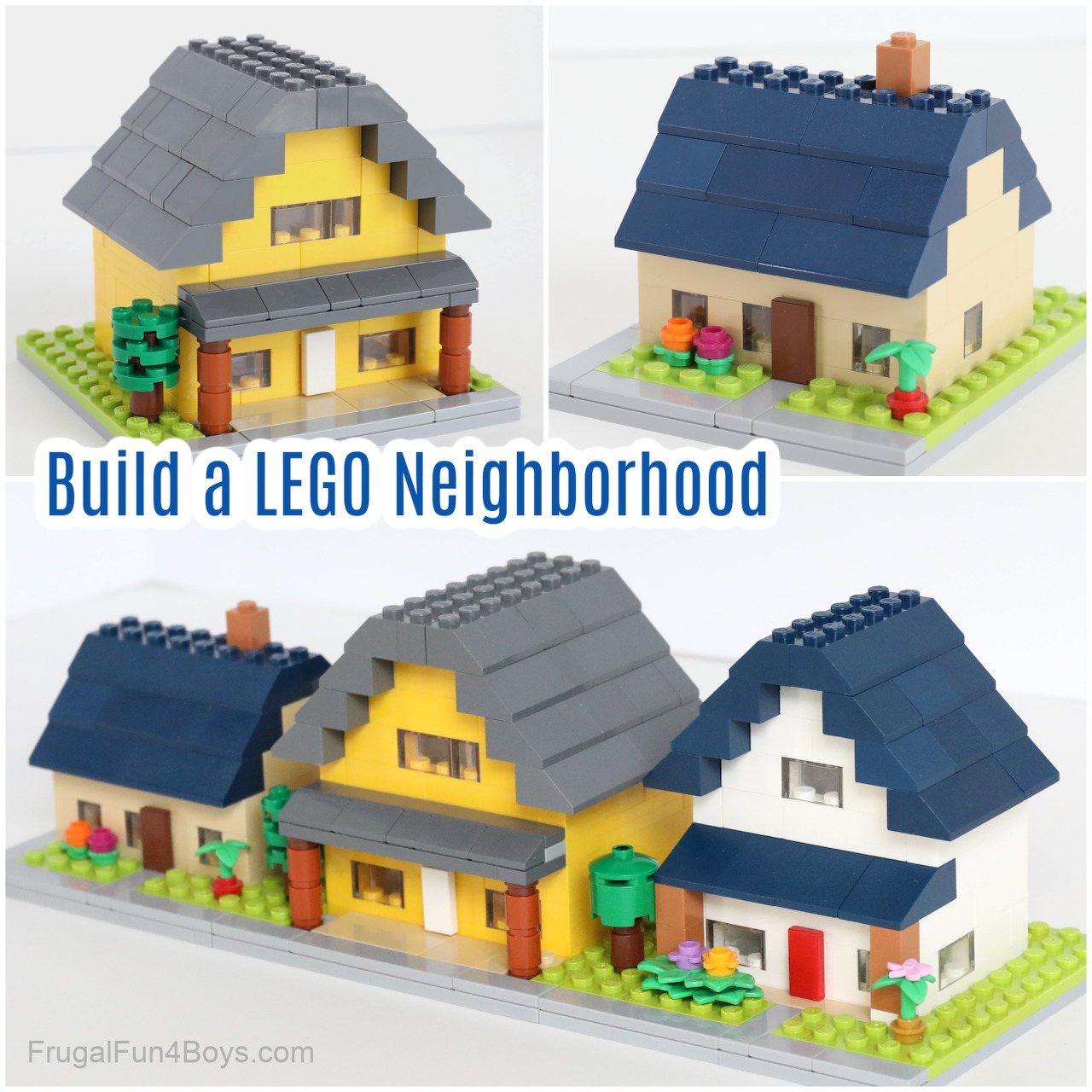 Collage of three small LEGO neighborhood houses made from bricks on white backgrounds