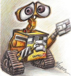 Colored pencil drawing of Wall-E robot waving with one mechanical hand