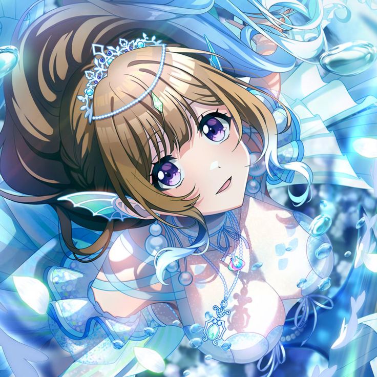 Anime girl with blonde hair, blue eyes, and ornate blue and white costume with ribbons