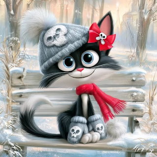 Winter Kitten on Bench