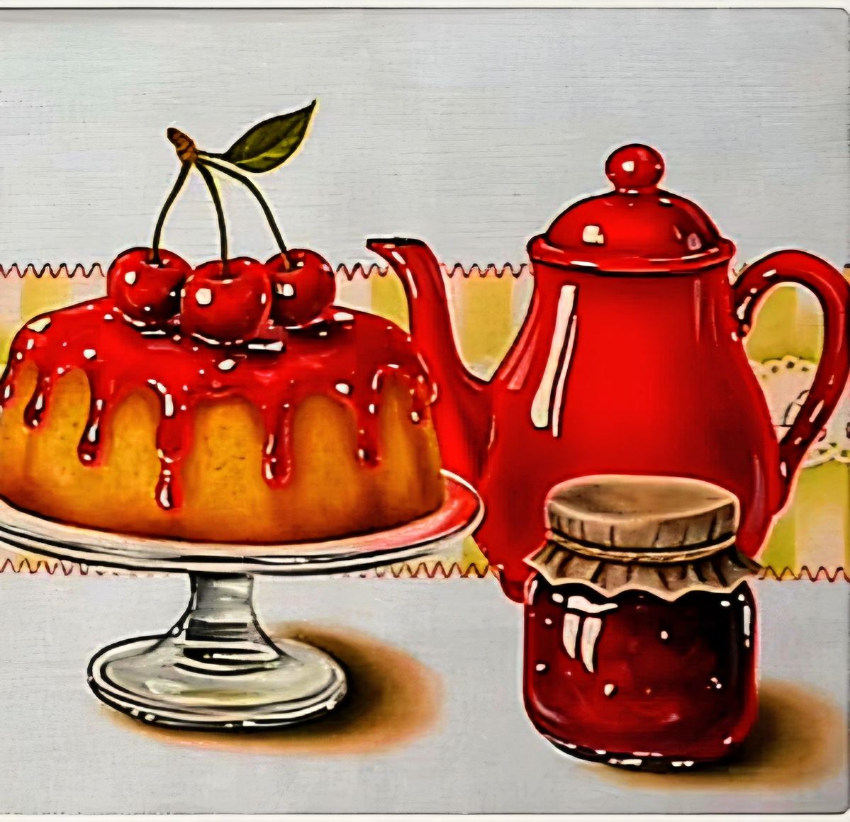 Illustration of a cherry-glazed cake on a stand with a red teapot and a jar of jam