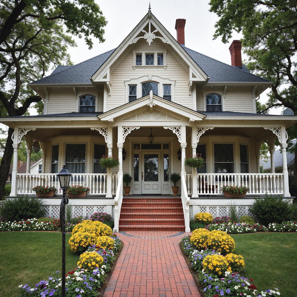 White Victorian house with wraparound porch, brick pathway lined with yellow flowers leading to red steps