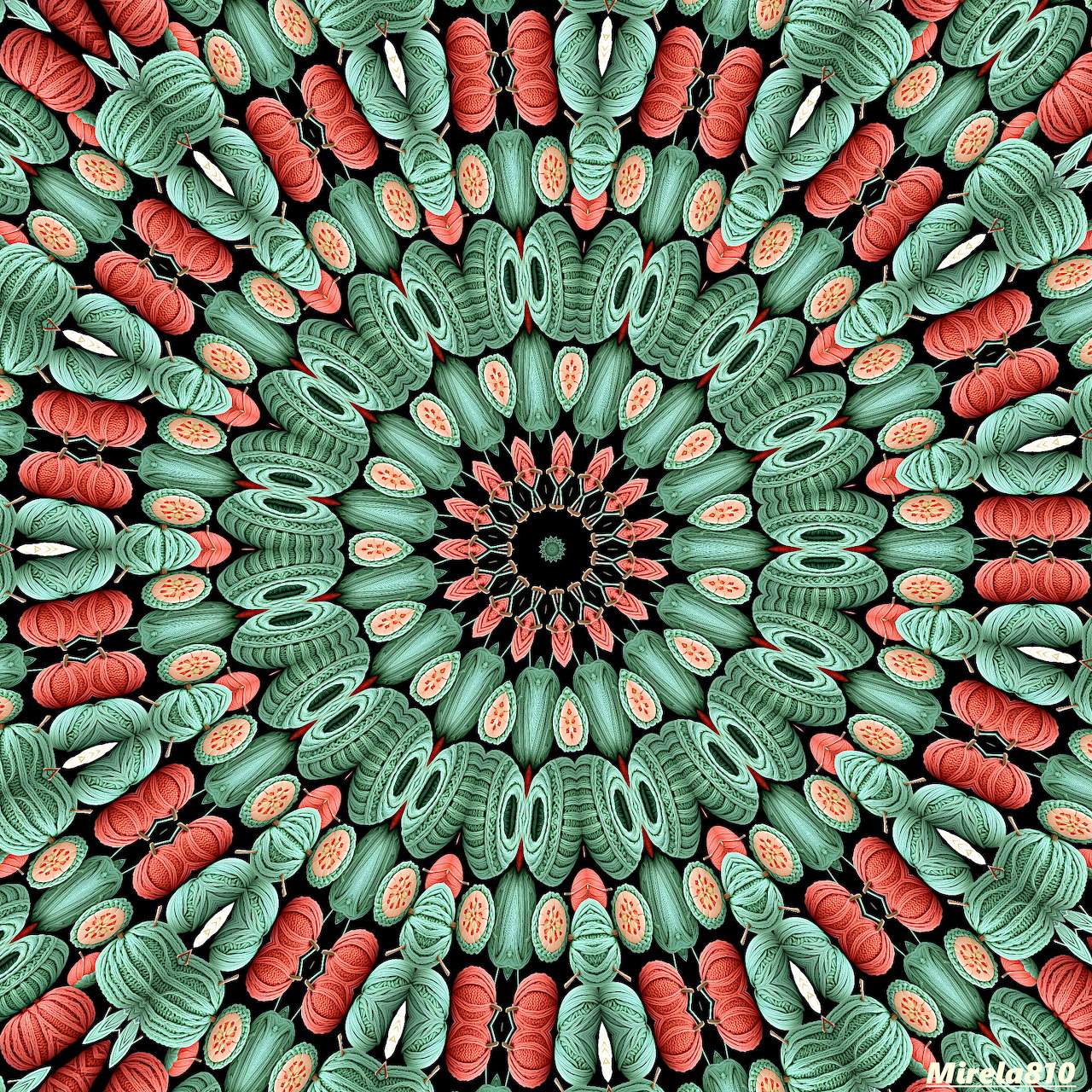 Symmetrical mandala with green and coral shapes in radial pattern