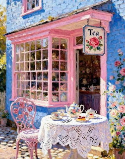 Painting of a tea shop exterior with a lace table, teapot, chair, and flowers by a pink window