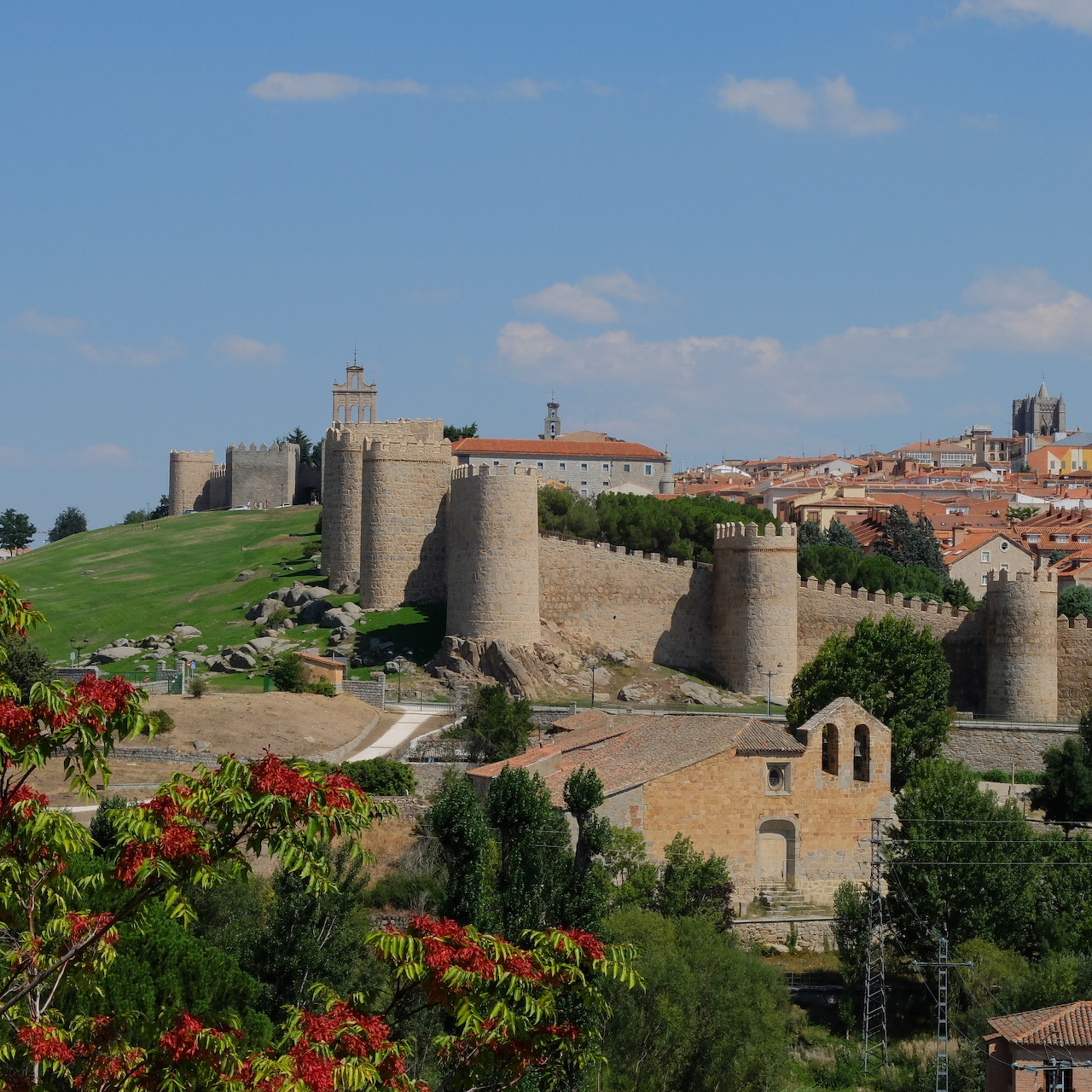 Medieval stone walls and towers of Avila with hillside greenery and city rooftops under a blue sky