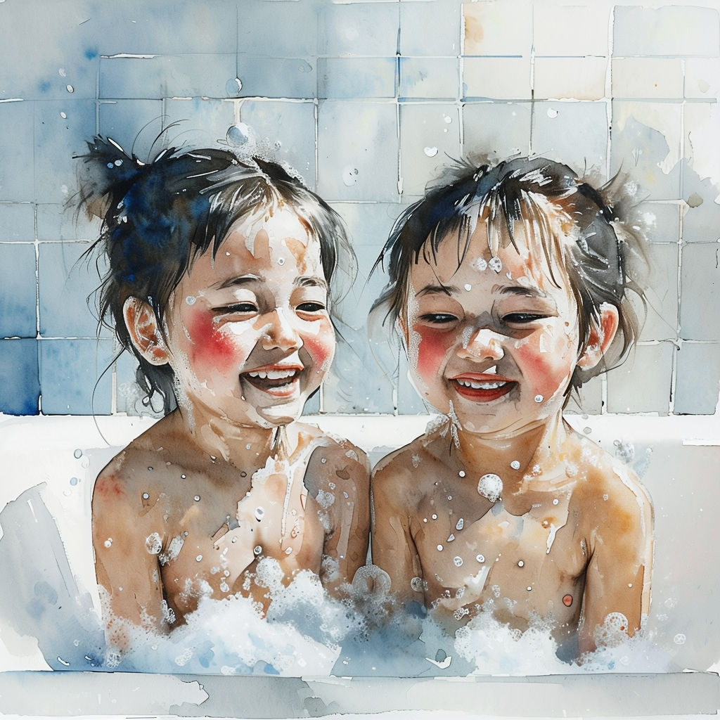 Watercolor illustration of two happy young children playing with bubbles in a bathtub