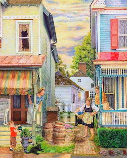Painting of women and children talking between colorful houses in a nostalgic neighborhood scene