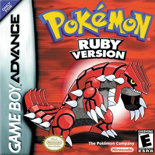 Pokemon Ruby Version GBA game box cover with Groudon on red striped background