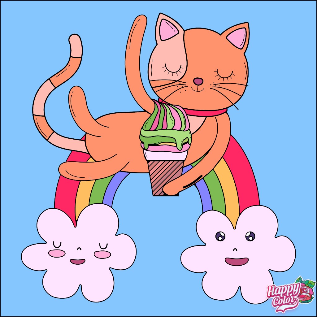 Cartoon orange cat with closed eyes holding paintbrush on rainbow with happy clouds
