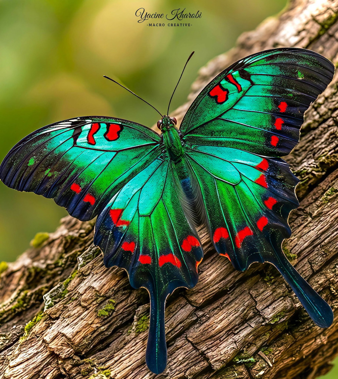 Bright green butterfly with red and black markings perched on rough tree bark