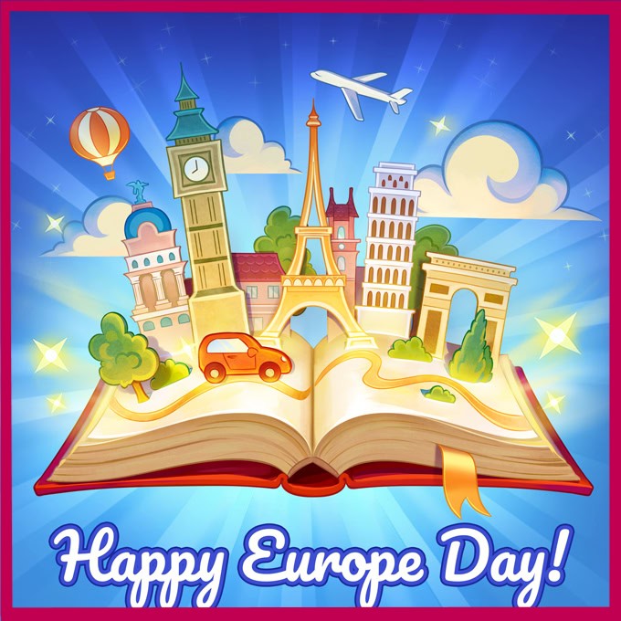 Illustration of European landmarks popping out of an open book with Happy Europe Day text