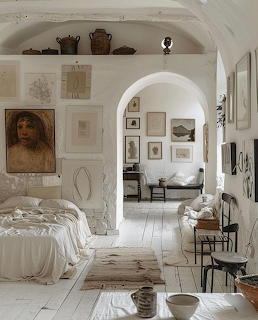 White arched room with vintage art, rustic furniture, and natural decor elements in refined interior setting