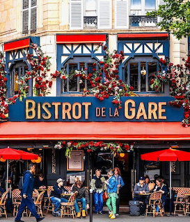 Red-awninged Parisian bistro with outdoor tables and ivy-covered facade