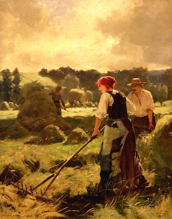 Painting of two farm workers in a hay field at sunset with stacked hay and trees behind them