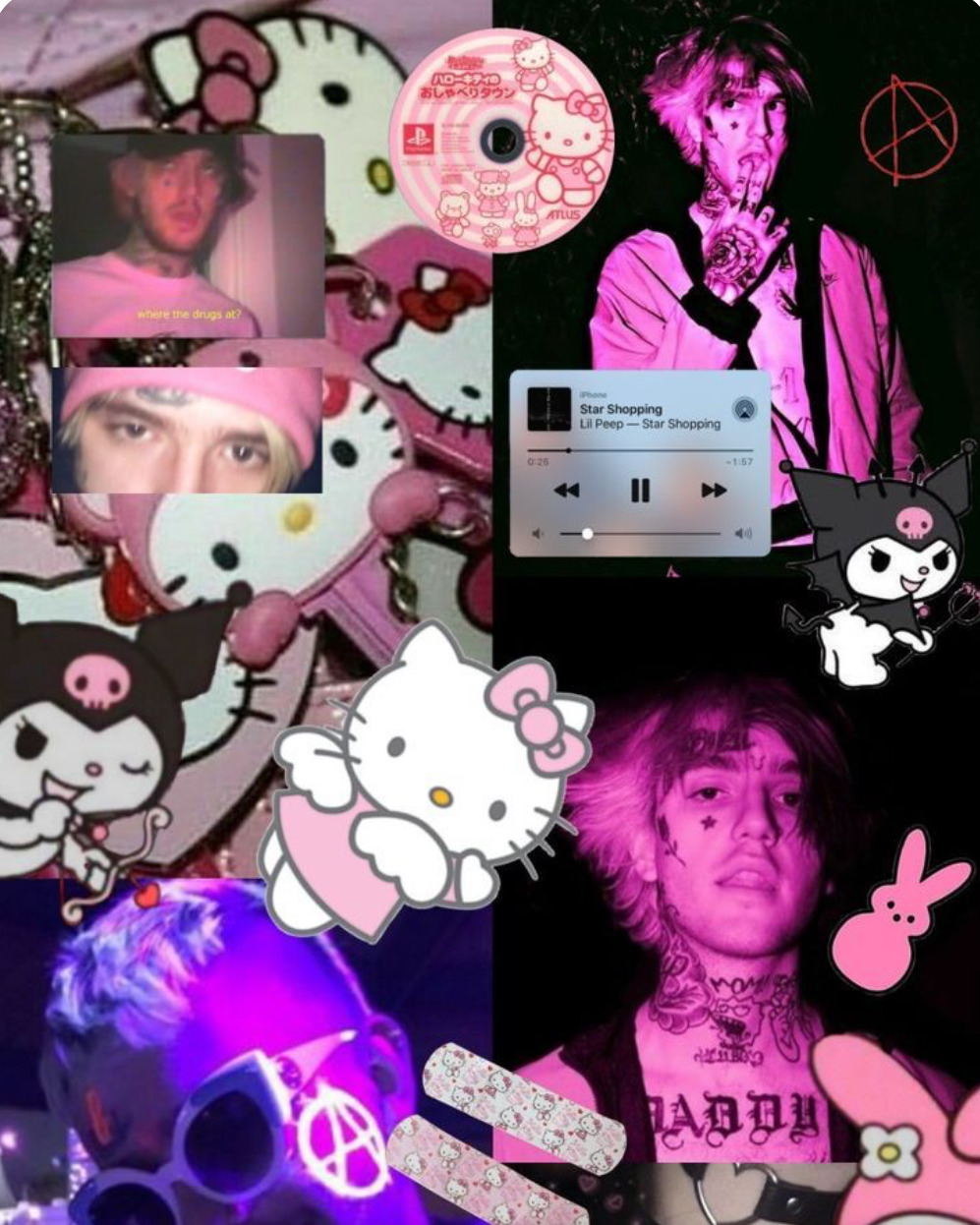 Pink collage of Lil Peep portraits mixed with Hello Kitty and Kuromi characters on dark background