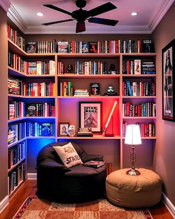 Cozy reading nook with bookshelves, black chair, ottoman, and lamp in pink-lit room