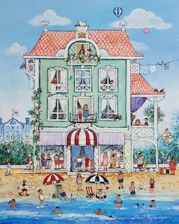 Colorful illustration of whimsical beach house with swimmers and beachgoers in front