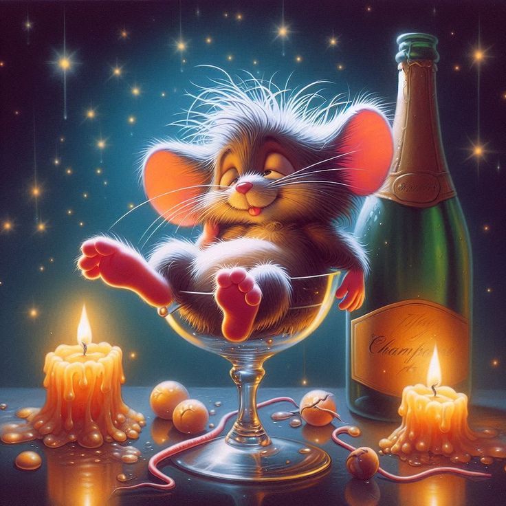 Cheerful cartoon mouse sitting in champagne glass with fireworks, bottle, and candles