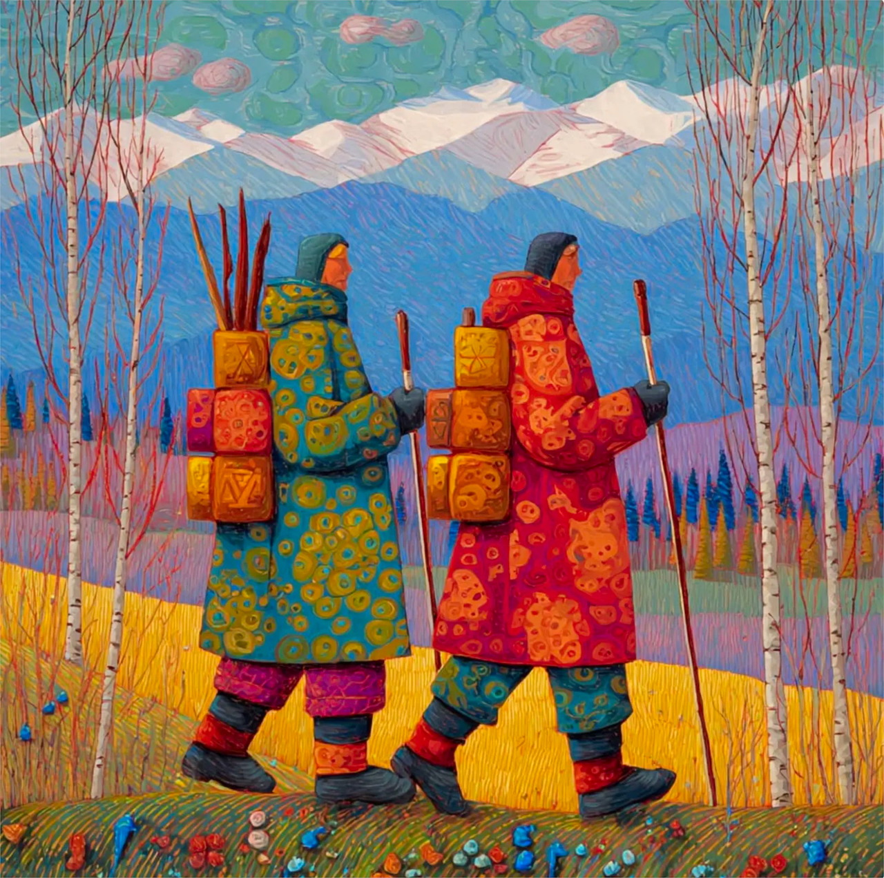 Two quilted fabric hikers with backpacks walking through patchwork mountain landscape with layered textures