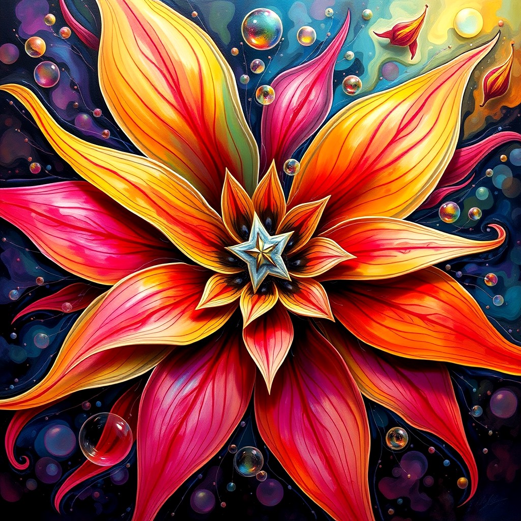 Colorful abstract poinsettia with glowing petals and decorative bubbles on dark background