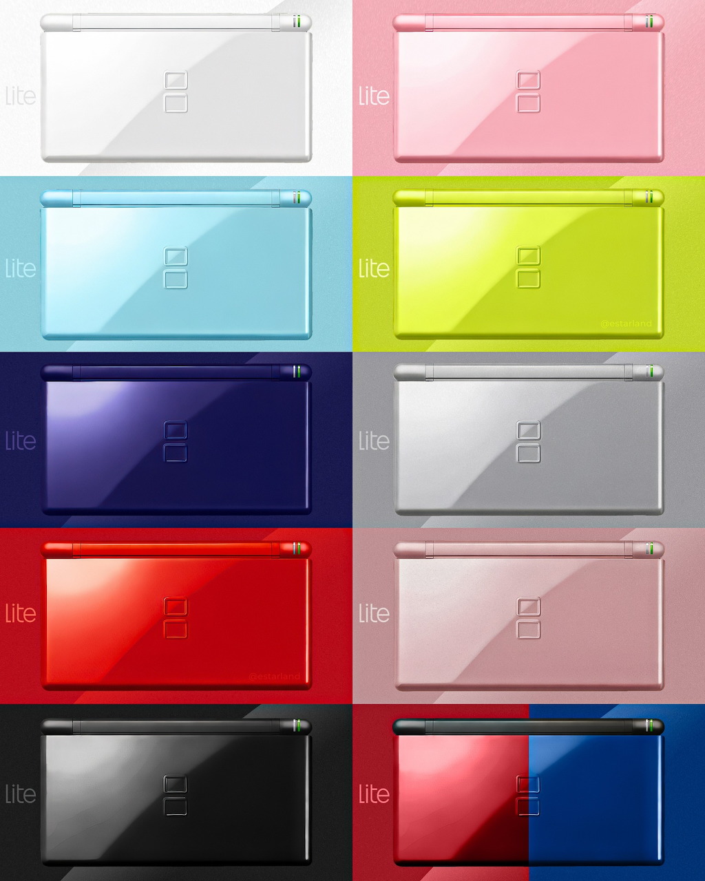 Grid of ten Nintendo DS Lite consoles in different colors: white, pink, cyan, lime, navy, silver, red, rose, black, blue