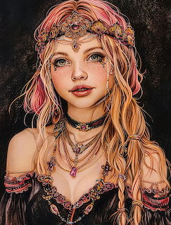 Fantasy portrait of woman with blonde hair, ornate headpiece, and elaborate jewelry on dark background