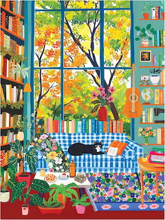 Illustration of cozy reading nook with window seat, bookshelves, plants, and autumn tree outside