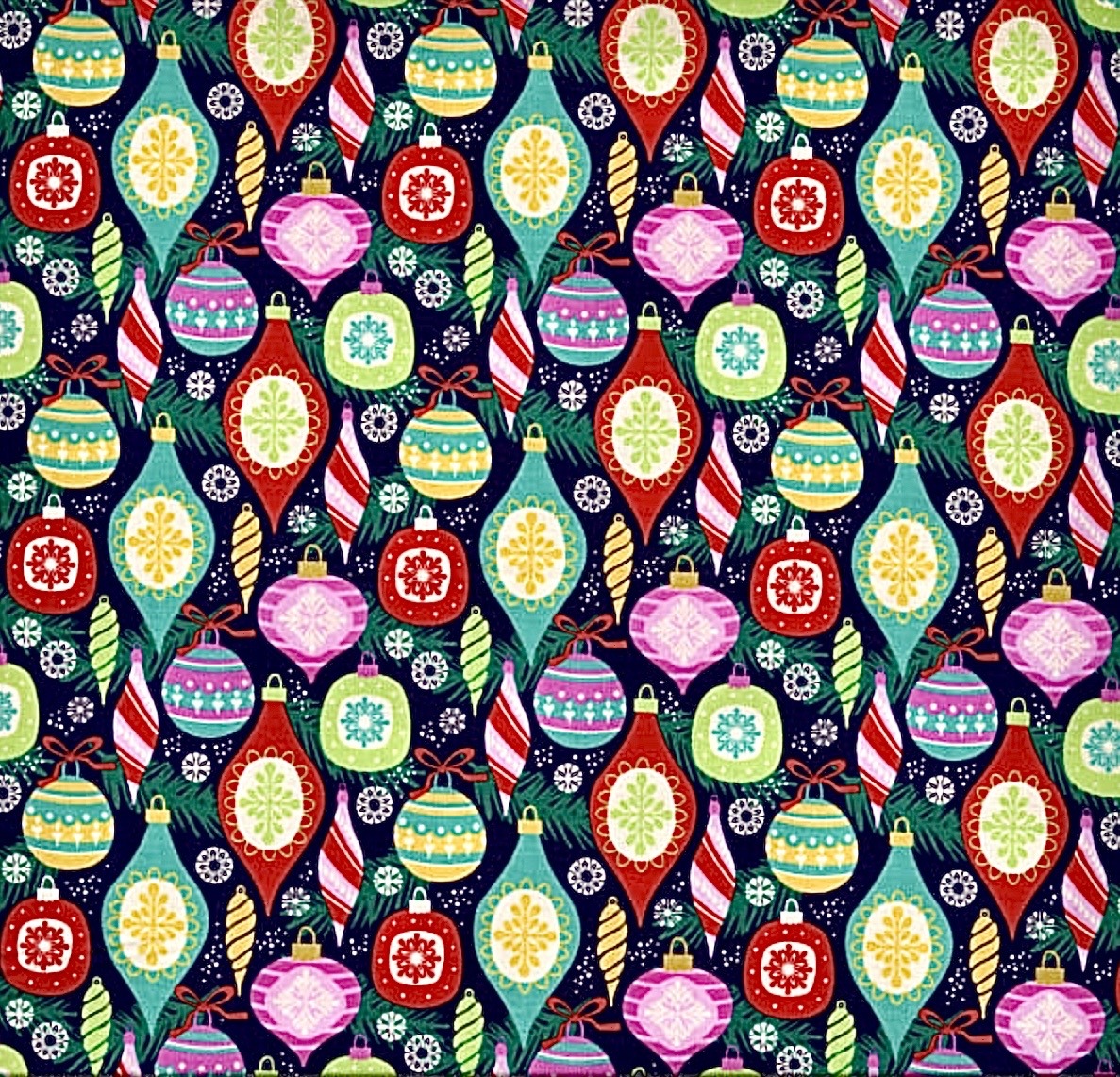 Seamless pattern of colorful vintage Christmas ornaments on navy blue background